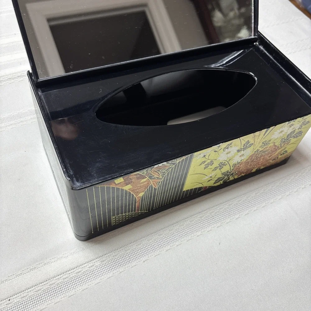 Vintage Tissue Box Holder With Flip Up Mirror Floral Design Made In Japan